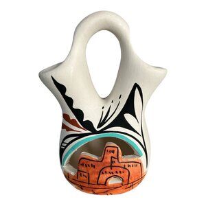 Vtg L. Toya Wedding Vase Pottery 5x4 Hand Painted Southwest Pueblo Style N.M.